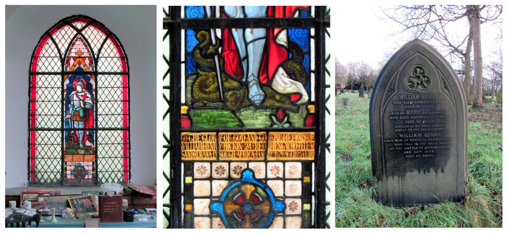 The stained glass window and grave memorialising Private William Hickin.